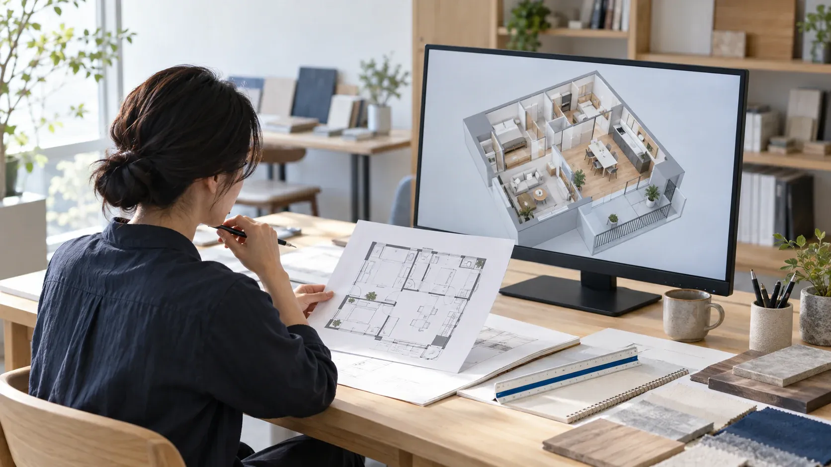 間取りAIで作成した2D図面と3D住宅モデルを見比べ、提案前の内容を確認する設計者