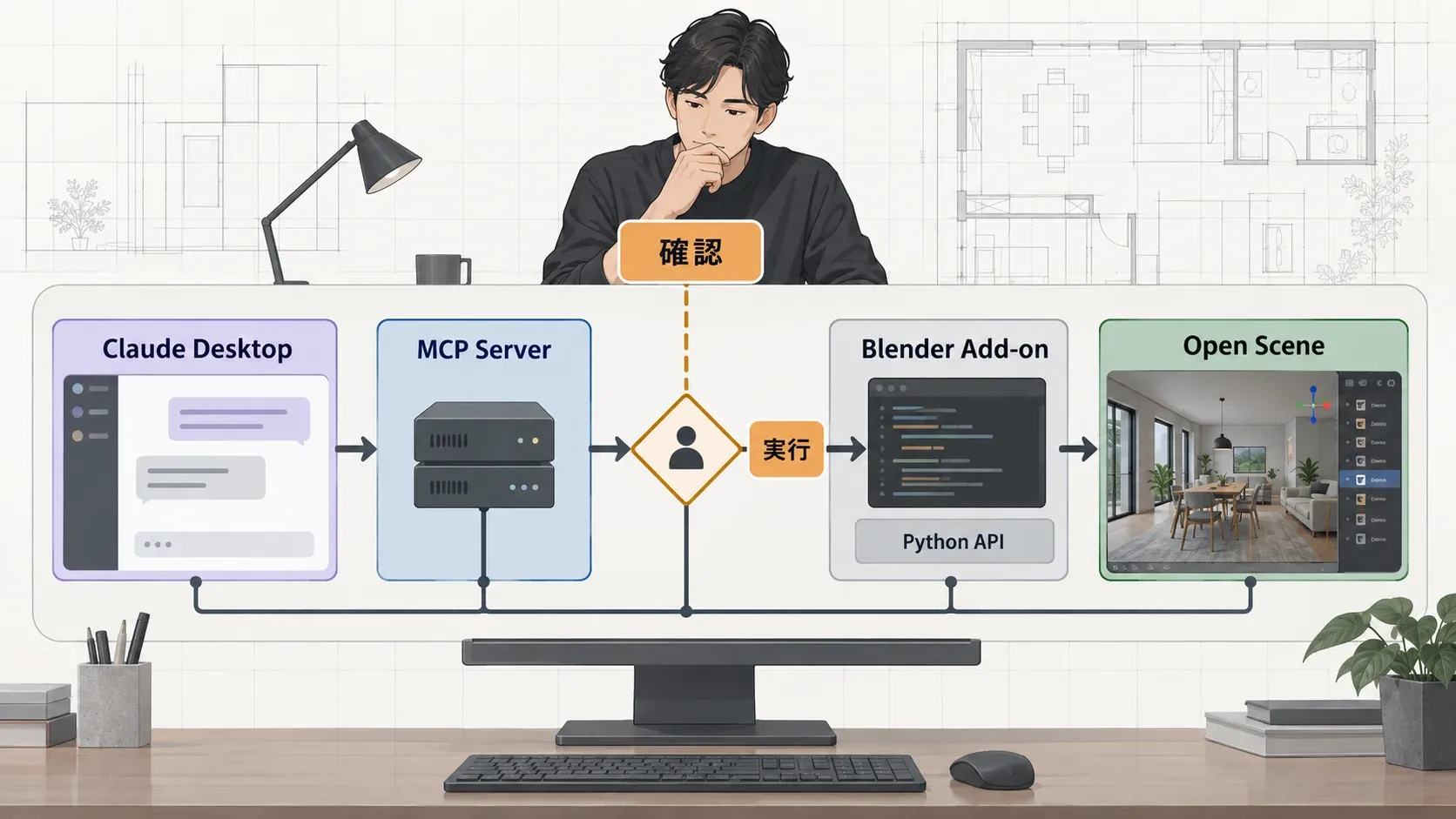 Claude DesktopからMCP ServerとBlender Add-onを経由し、設計者の確認後に開いているBlenderシーンへ操作を渡す流れ