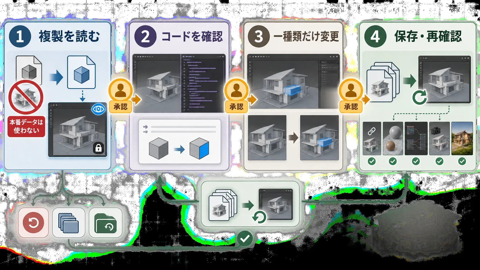 Claude Blender Connectorを複製ファイルの読み取り、コード確認、一種類だけの変更、保存と再確認の四段階で試す手順
