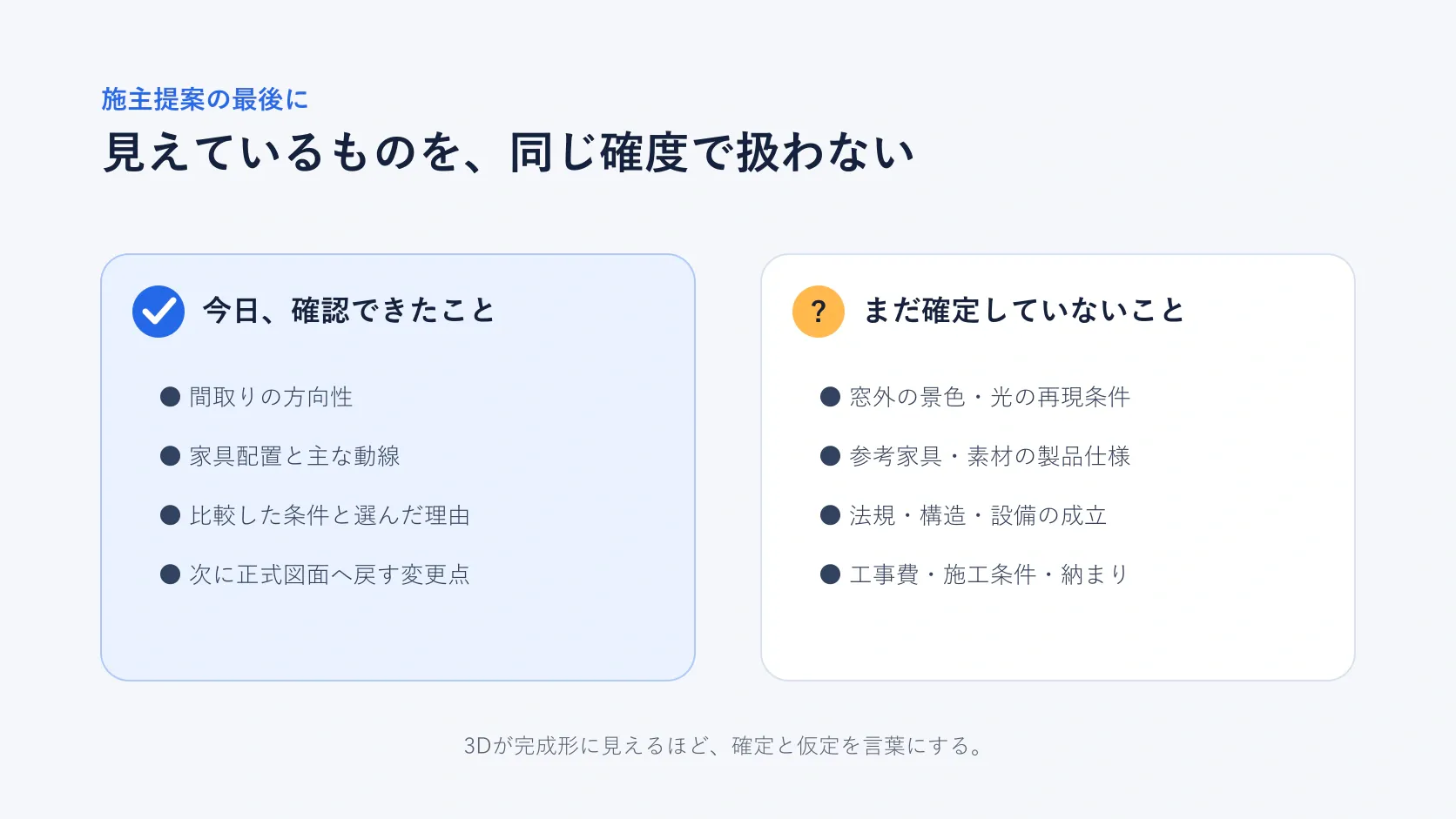 間取りAIを使った3D住宅提案で、確認済み事項と未確定事項を分ける一覧