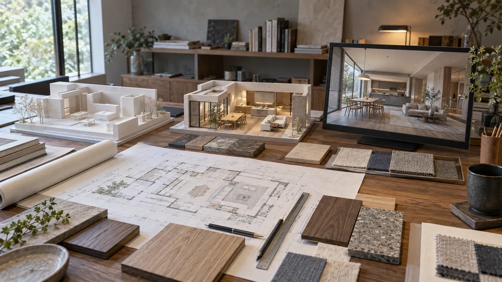 図面、建築模型、素材サンプル、住宅3Dイメージを並べて3D設計ツールの使い分けを検討する設計事務所