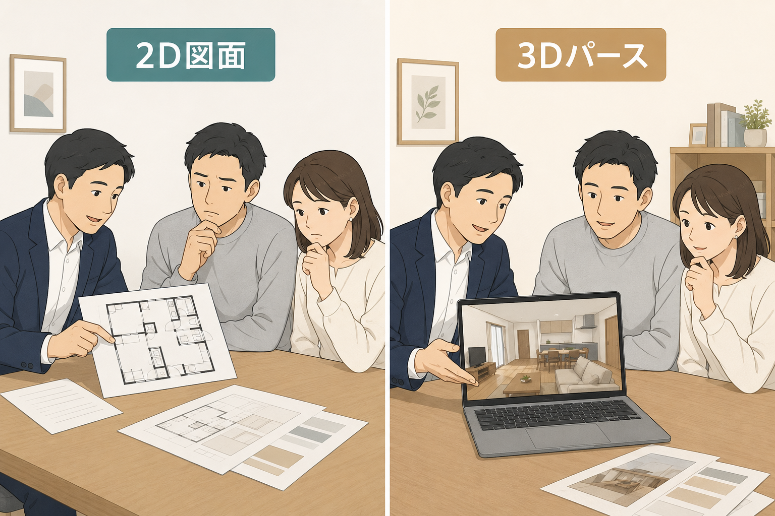 平面図での説明と3Dパースでの説明を並べた対比イラスト