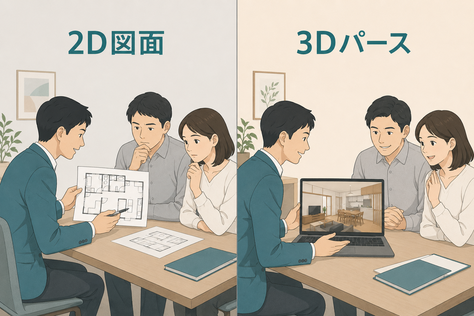 2D図面を見せて施主が戸惑う場面と、3Dパースを見せて施主が納得する場面の対比イラスト