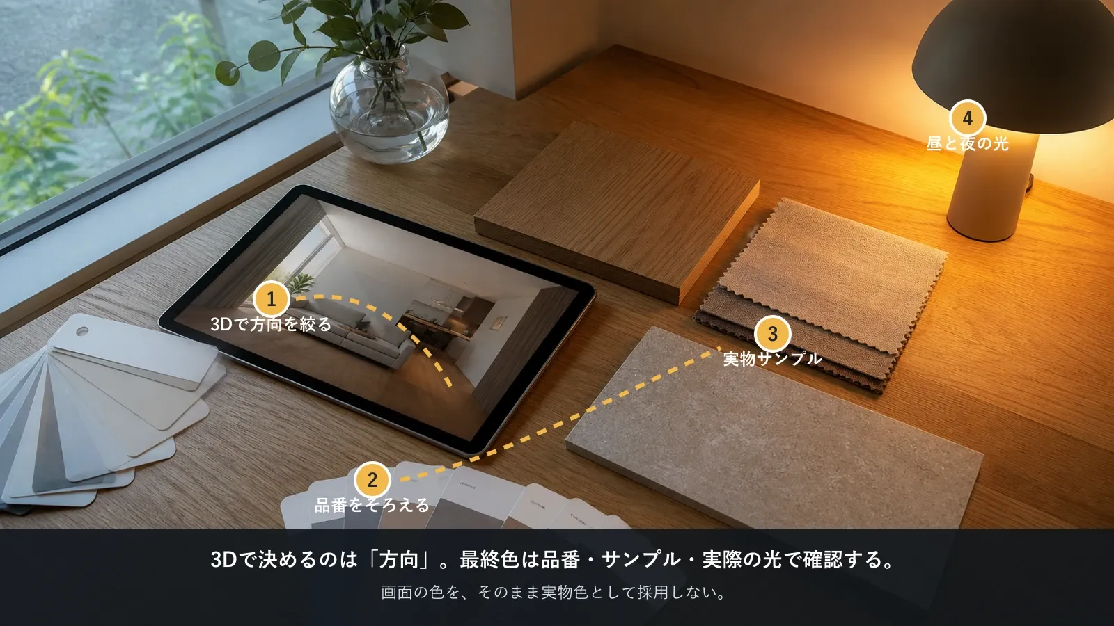 3Dで絞ったインテリア配色をメーカー品番と実物サンプル、昼夜の光で確認する手順を示す画像