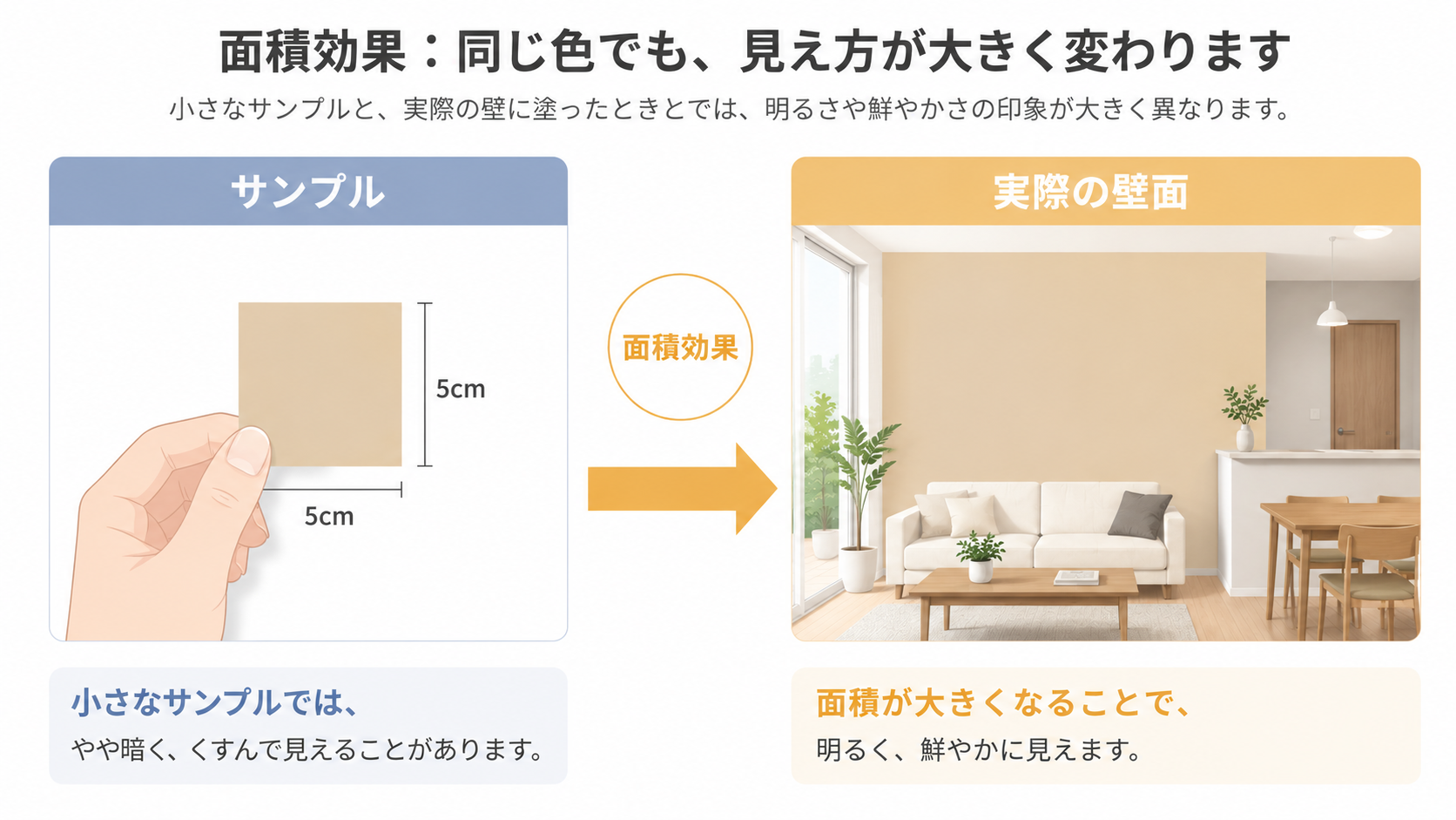 面積効果の説明図。5cm角のサンプルと実際の壁面では色の明るさの印象が変わる