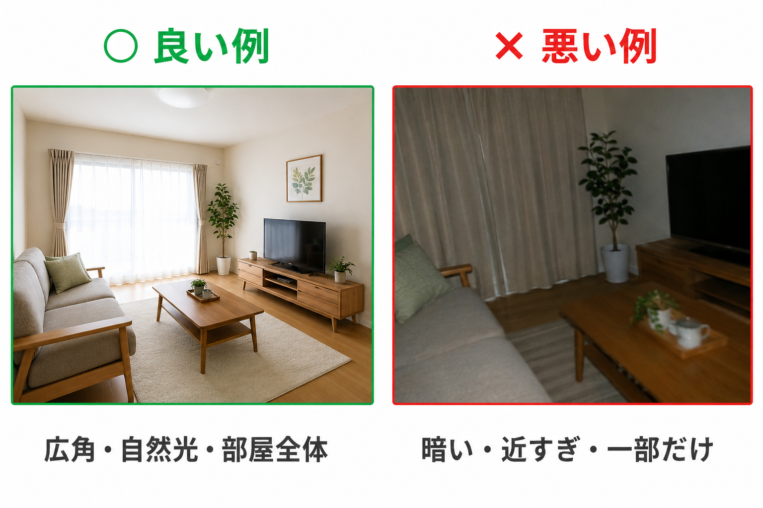部屋写真の撮り方の良い例と悪い例。広角で自然光の全体写真と、暗く近すぎる部分写真