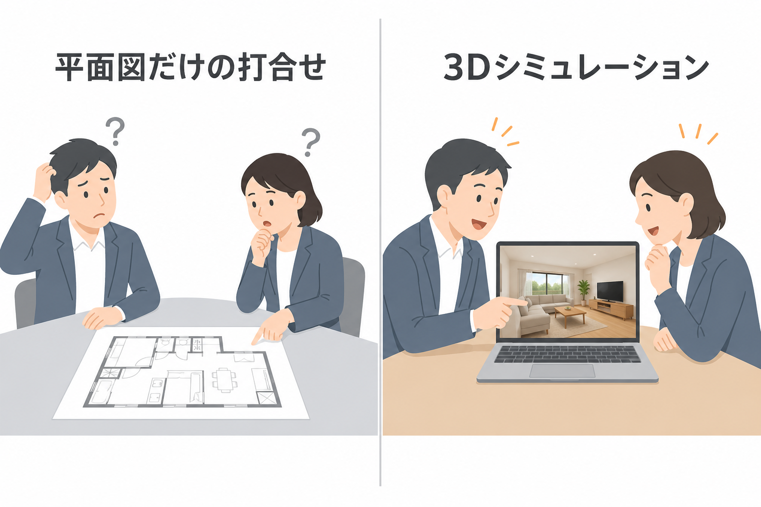 平面図だけの打ち合わせと3Dシミュレーションでの施主の反応を比べたイラスト