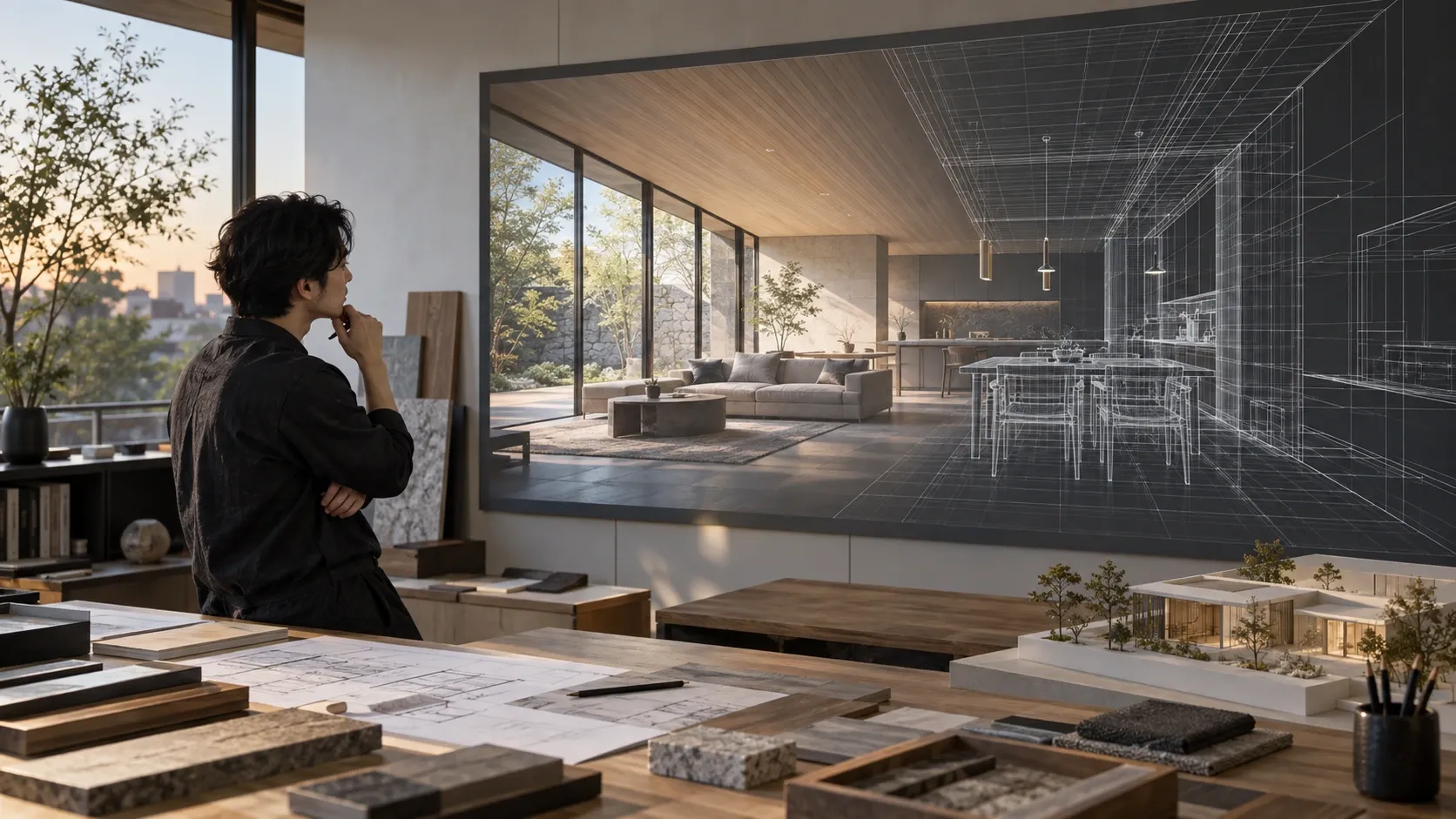 AIで生成した室内パースと同じ空間の3Dワイヤーフレームを見比べる建築設計者