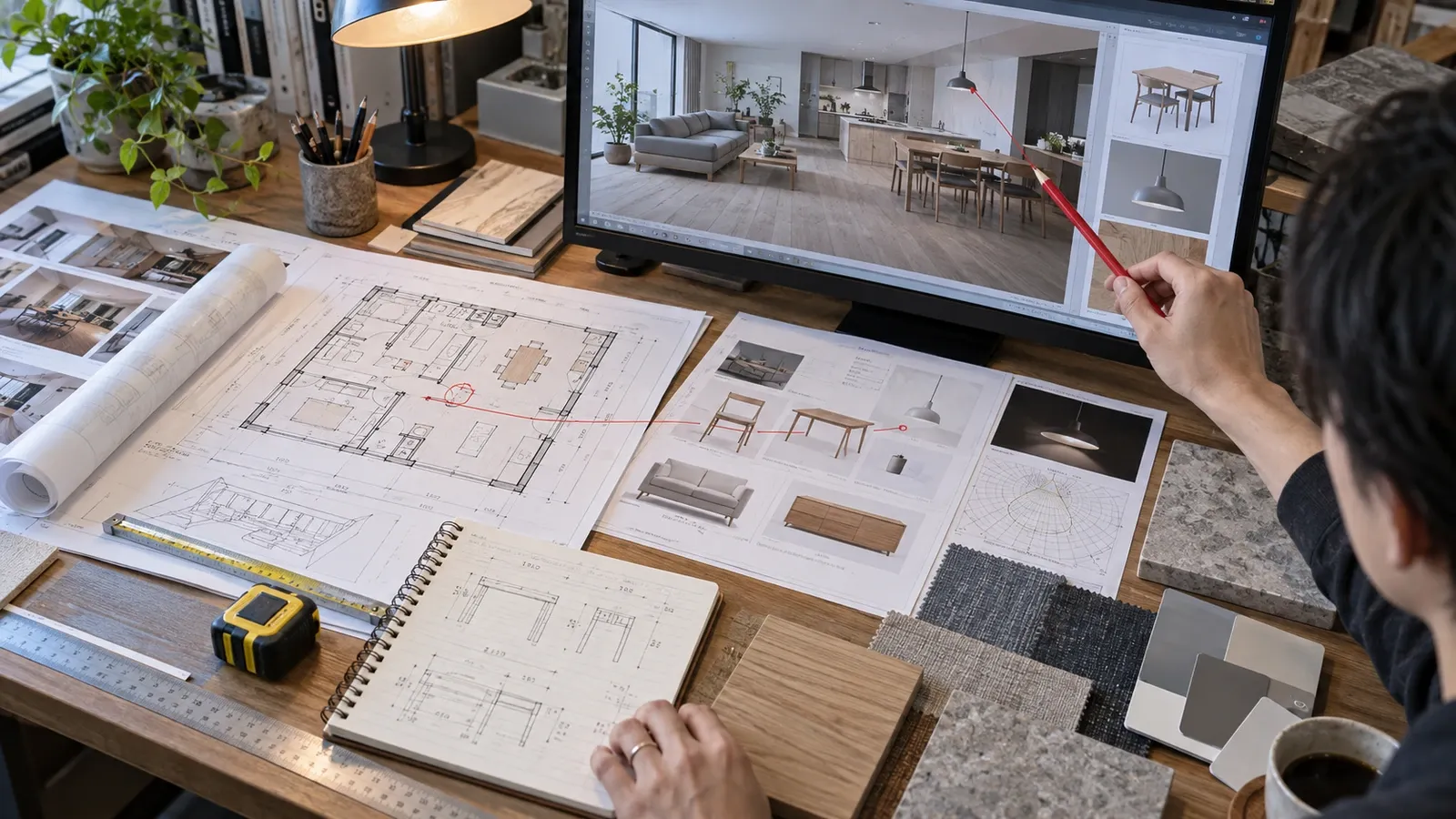 AIで整理した3D住宅案を、原図、実測メモ、家具仕様、素材サンプルと照合する作業机