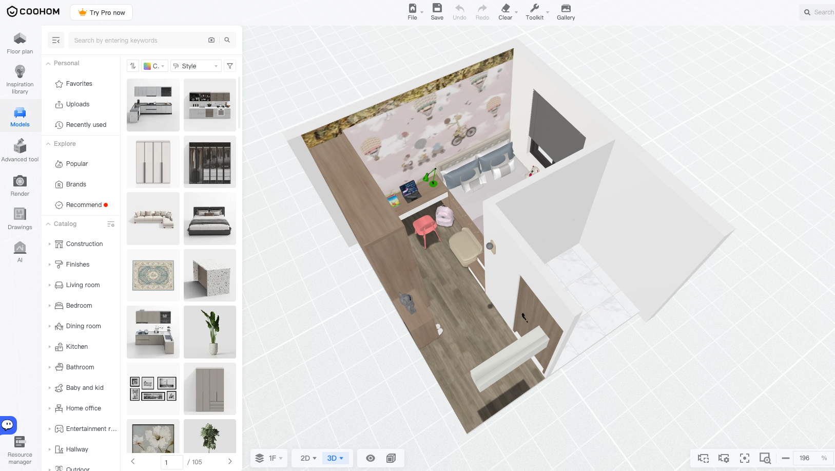 Coohomの編集画面で同じ間取りを3D表示に切り替えた様子