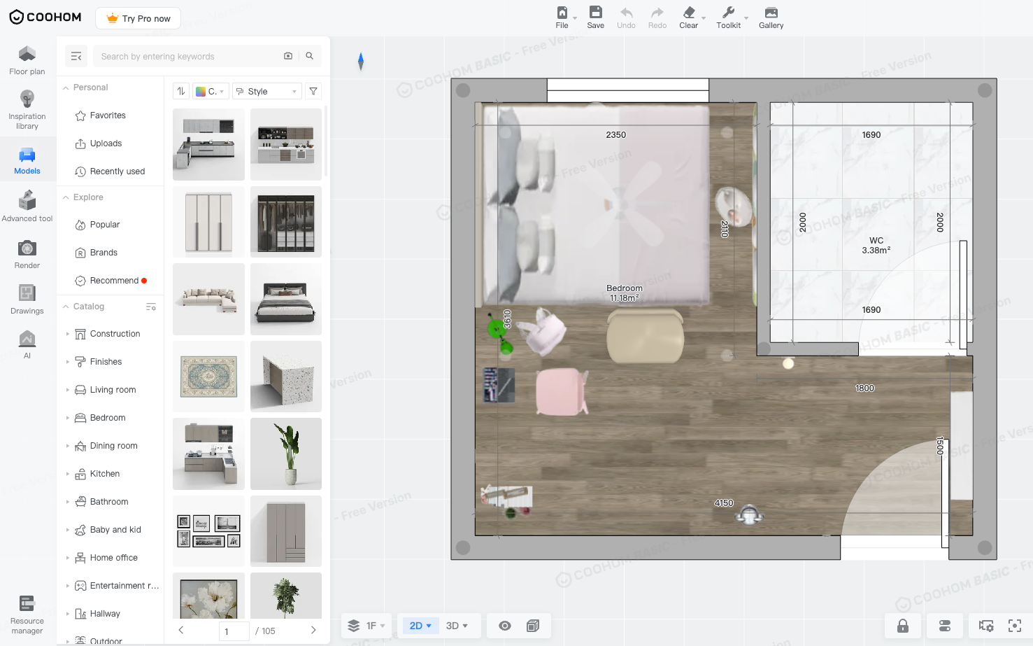 Coohomの編集画面で寝室の2D間取りに寸法が表示されている様子