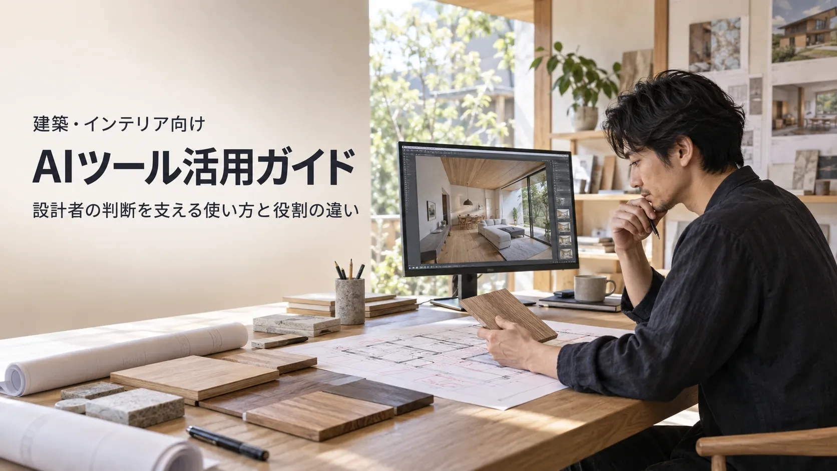 建築AIと3Dパースを活用し、図面や素材を確認しながら設計判断を行う建築家と記事タイトル