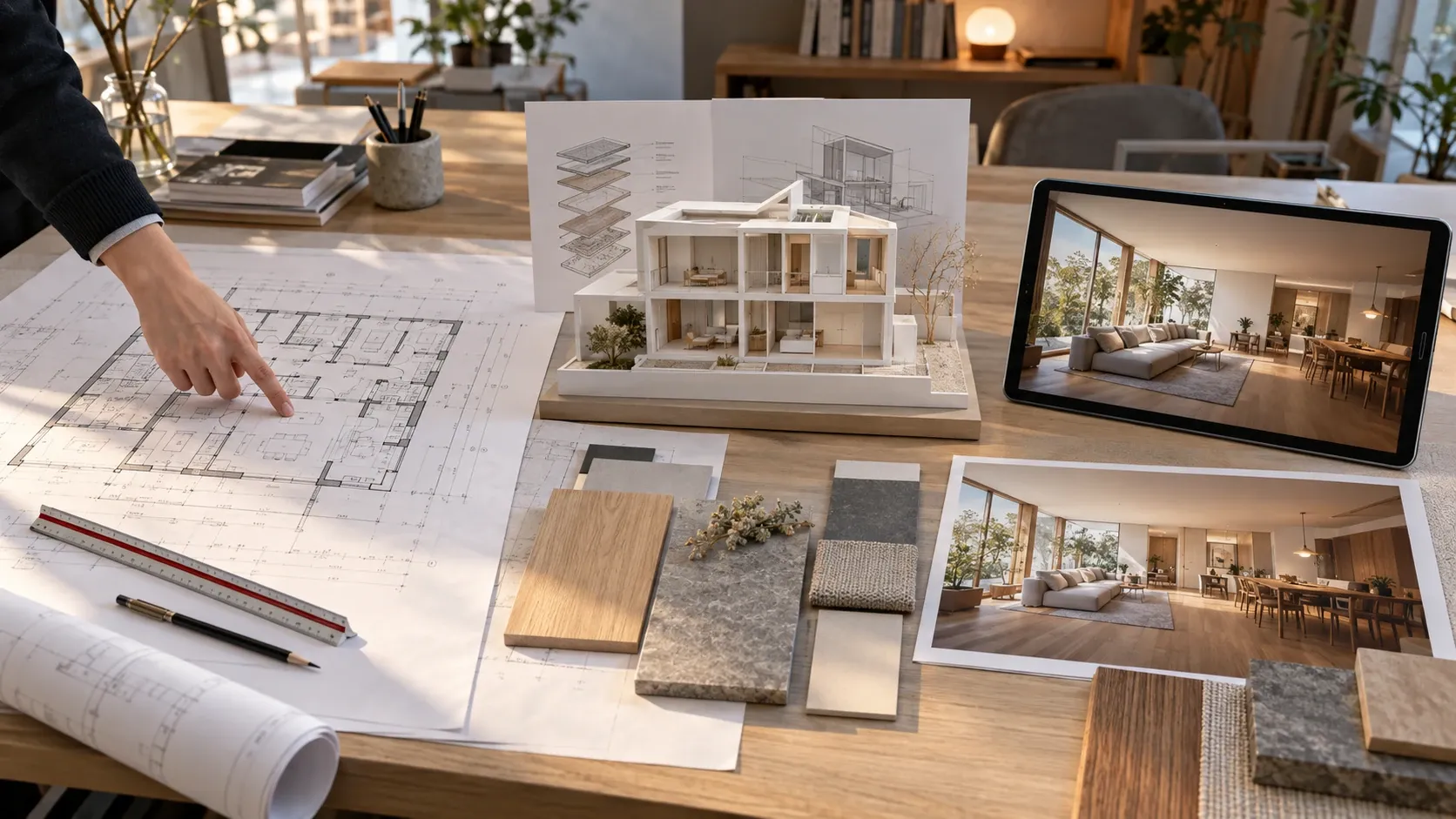 CAD図面、住宅模型、3D内観提案を同じ設計テーブル上に並べたAutoCAD AI・BIM・3D提案比較のイメージ