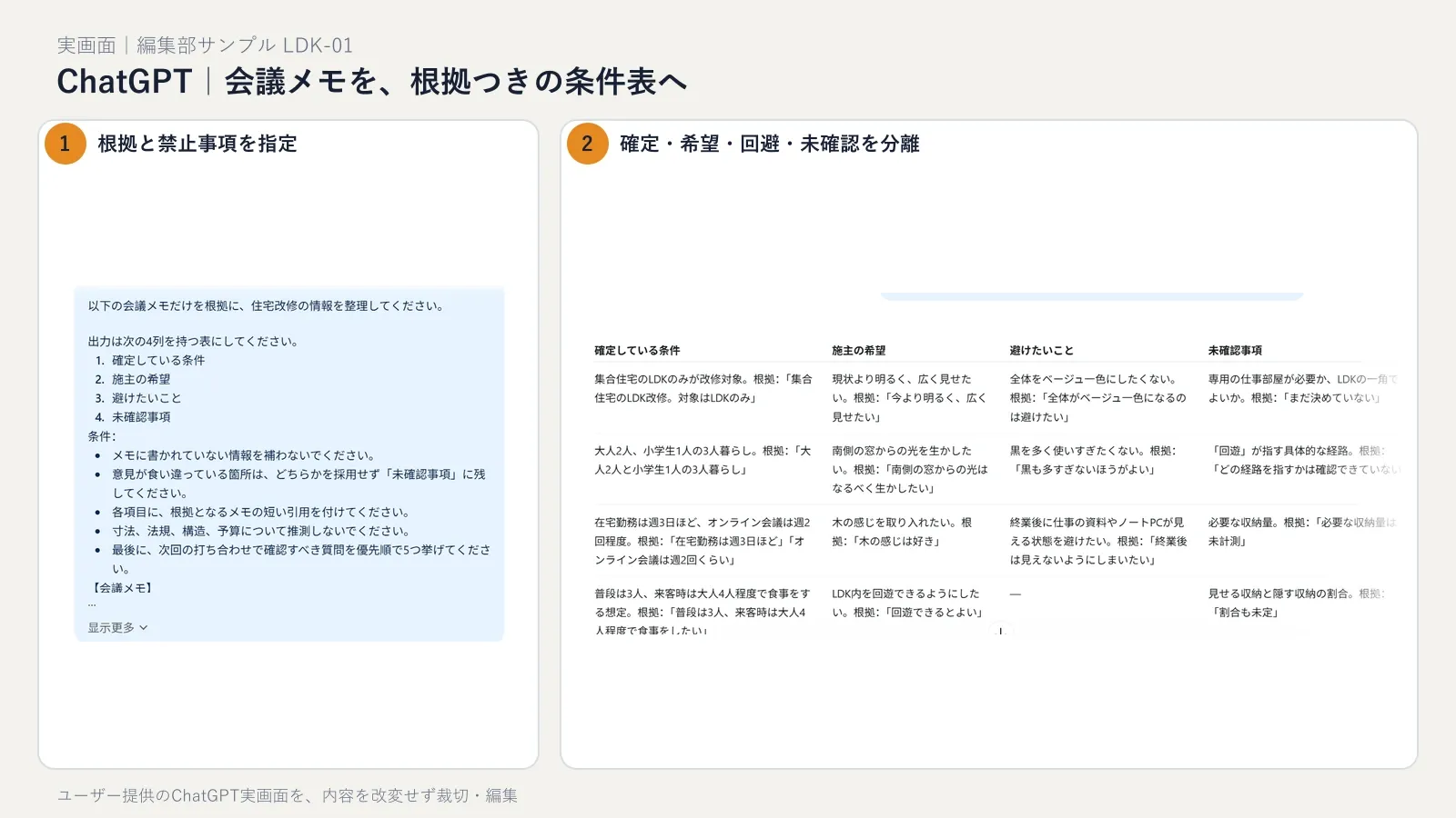 ChatGPTで住宅の会議メモを確定条件・希望・回避事項・未確認事項に分けた画面