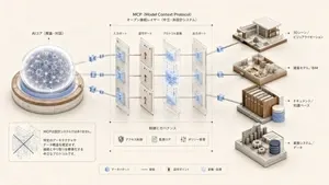 ClaudeとMCPが外部ツールを接続し、3D設計ワークフローを支援する仕組みを示す図