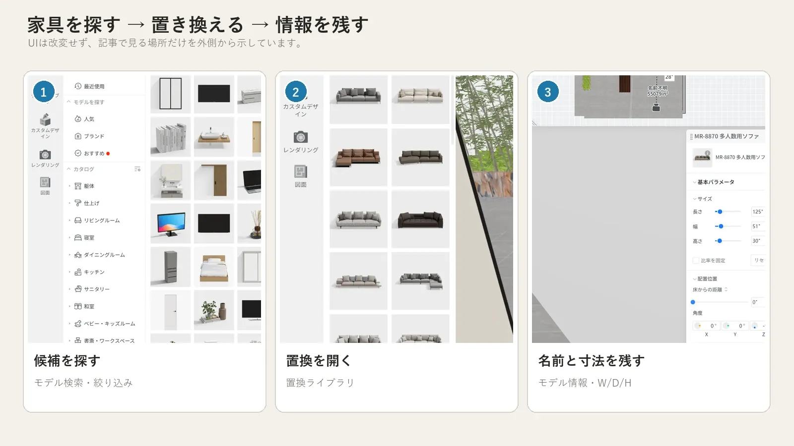 家具シミュレーションでCoohomの家具候補を探し、置換ライブラリを開き、モデル名と寸法を記録する三段階の操作画面