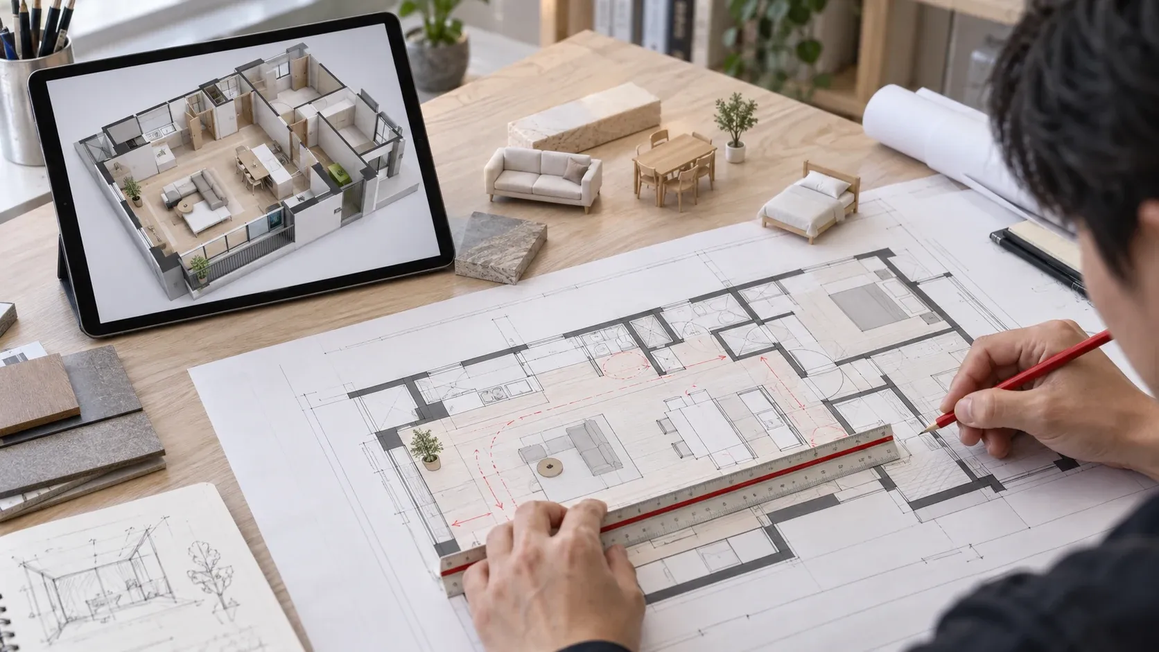 間取りAIの3D案と平面図を照合し、家具配置と動線を確認する建築家