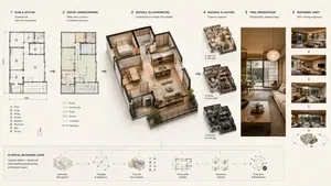 平面図を3D空間へ変換し、家具配置とレンダリングを確認するCoohom AIHom設計フロー