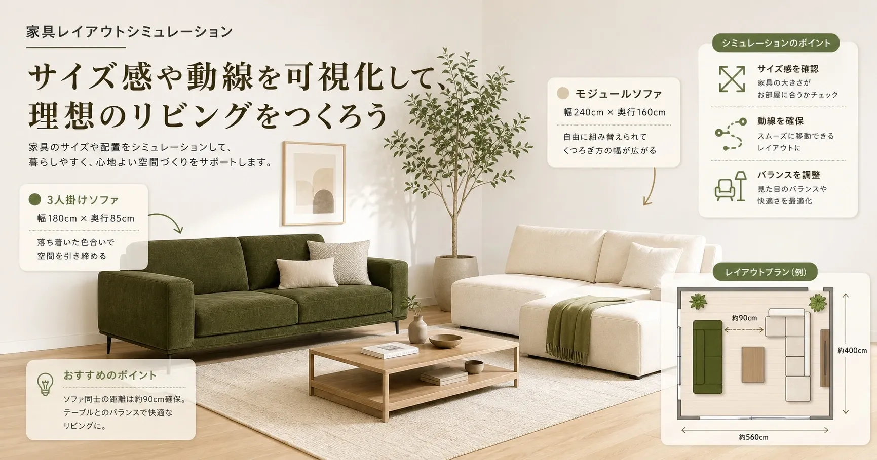 同じ部屋・同じ配置でソファのシルエット・色・素材を比較する家具シミュレーションの編集イメージ。背もたれの高さと脚元の見え方に注目。