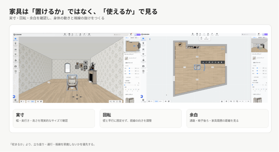 Coohomで平面と3Dを往復し、家具本体ではなく使用時の余白を確認する操作例