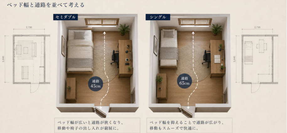 同じ6畳モデルでベッド幅だけを変えた比較