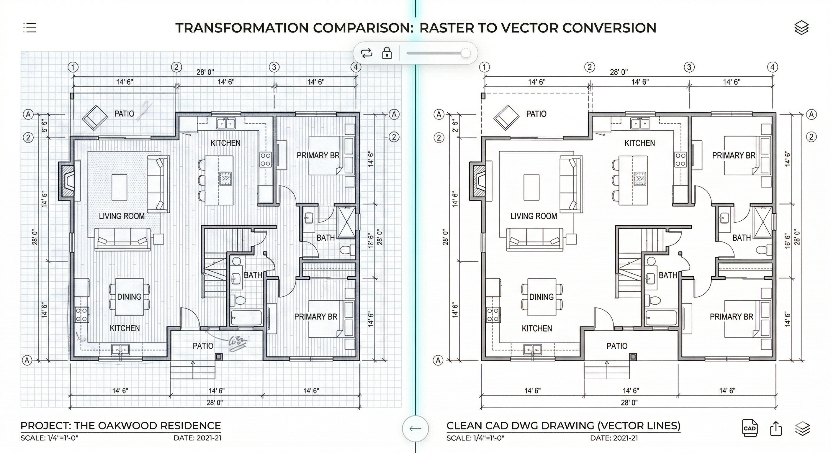 手描きのラスター図面とベクター化したCAD DWG図面を左右で比較した図