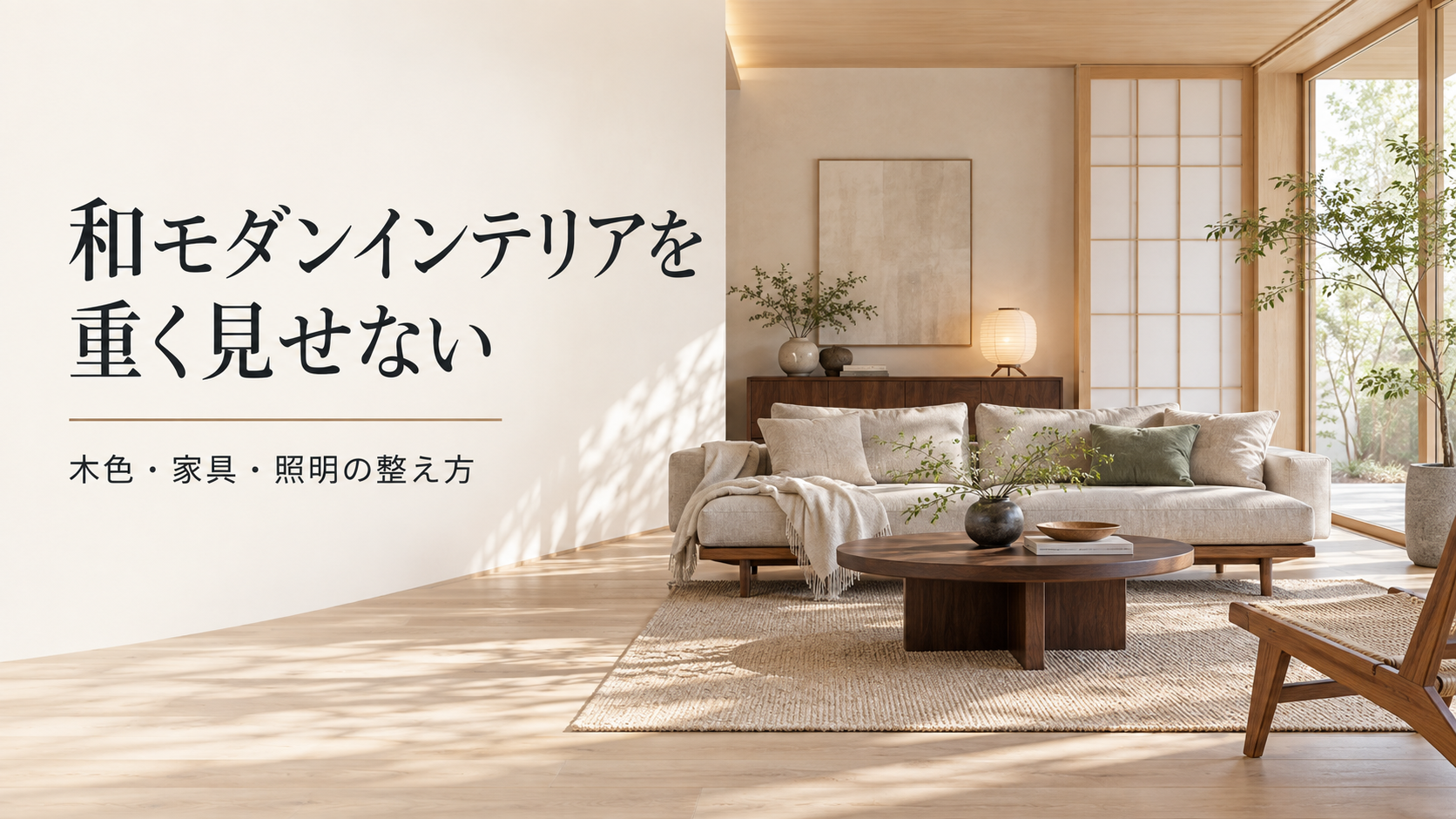 明るい木色と床の余白、控えめな黒を組み合わせ、和モダンインテリアを軽やかに見せたリビング