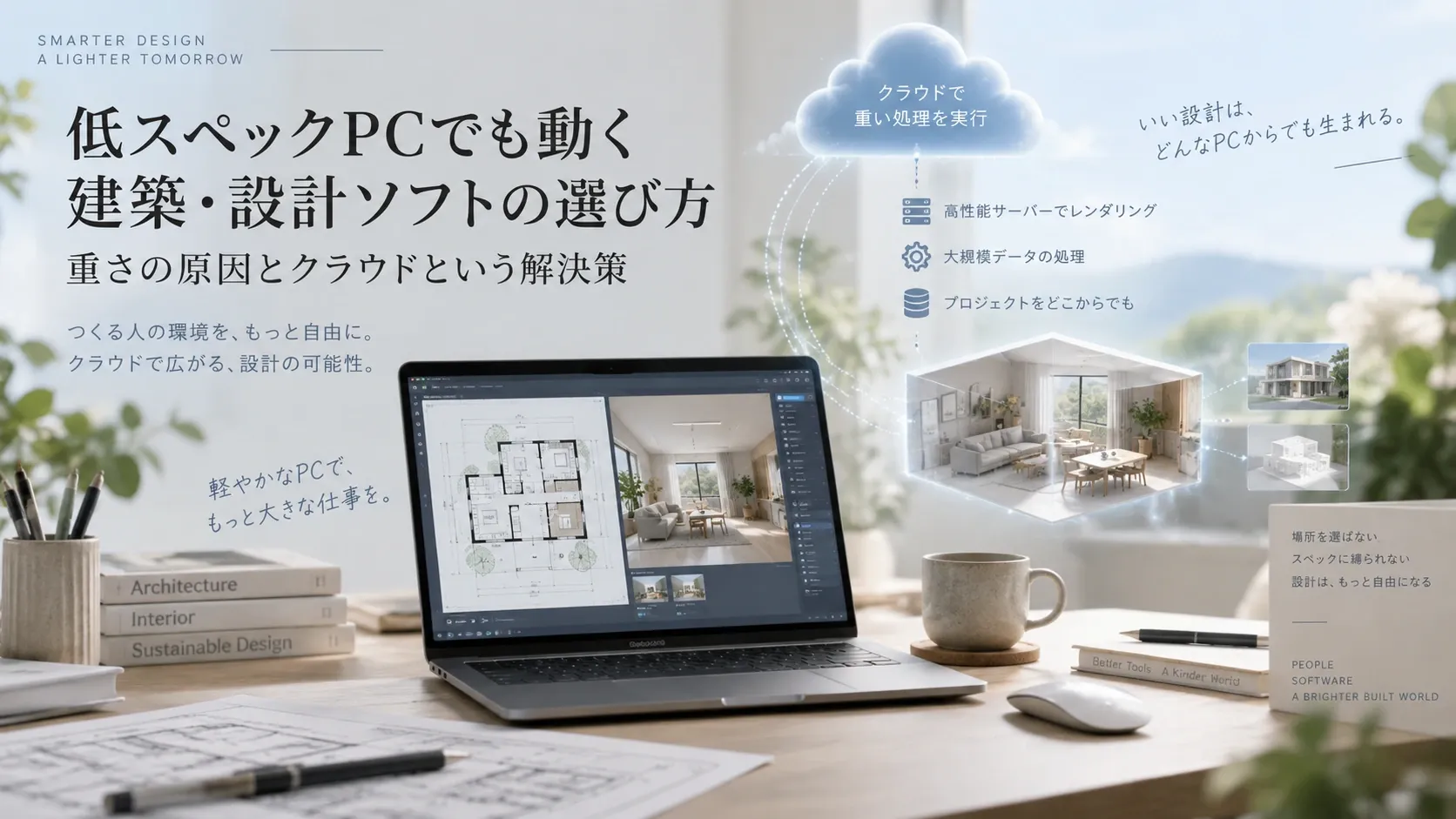 低スペックPCで2D図面と3Dパースを扱い、重い処理をクラウドで実行する建築ソフト選びの概念図
