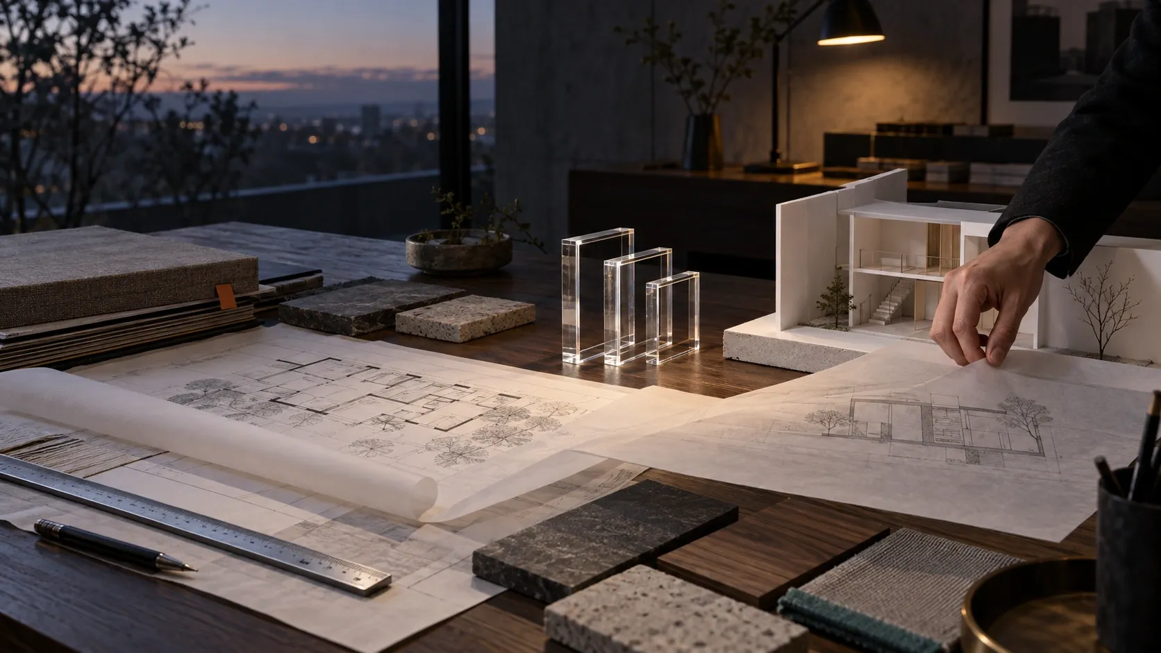 夕暮れの設計事務所で図面と建築模型の間に透明な三層オブジェクトを置き、資料を照合する手元