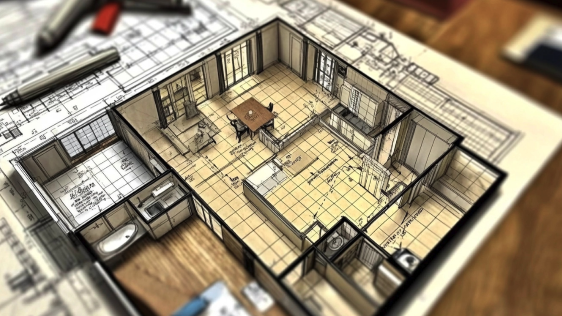 平面図の上に立体化した間取りを重ねた俯瞰イメージ