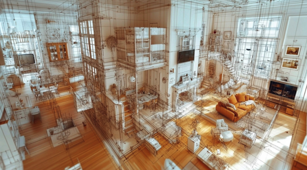 室内の空間にワイヤーフレームを重ねた3D化のイメージ