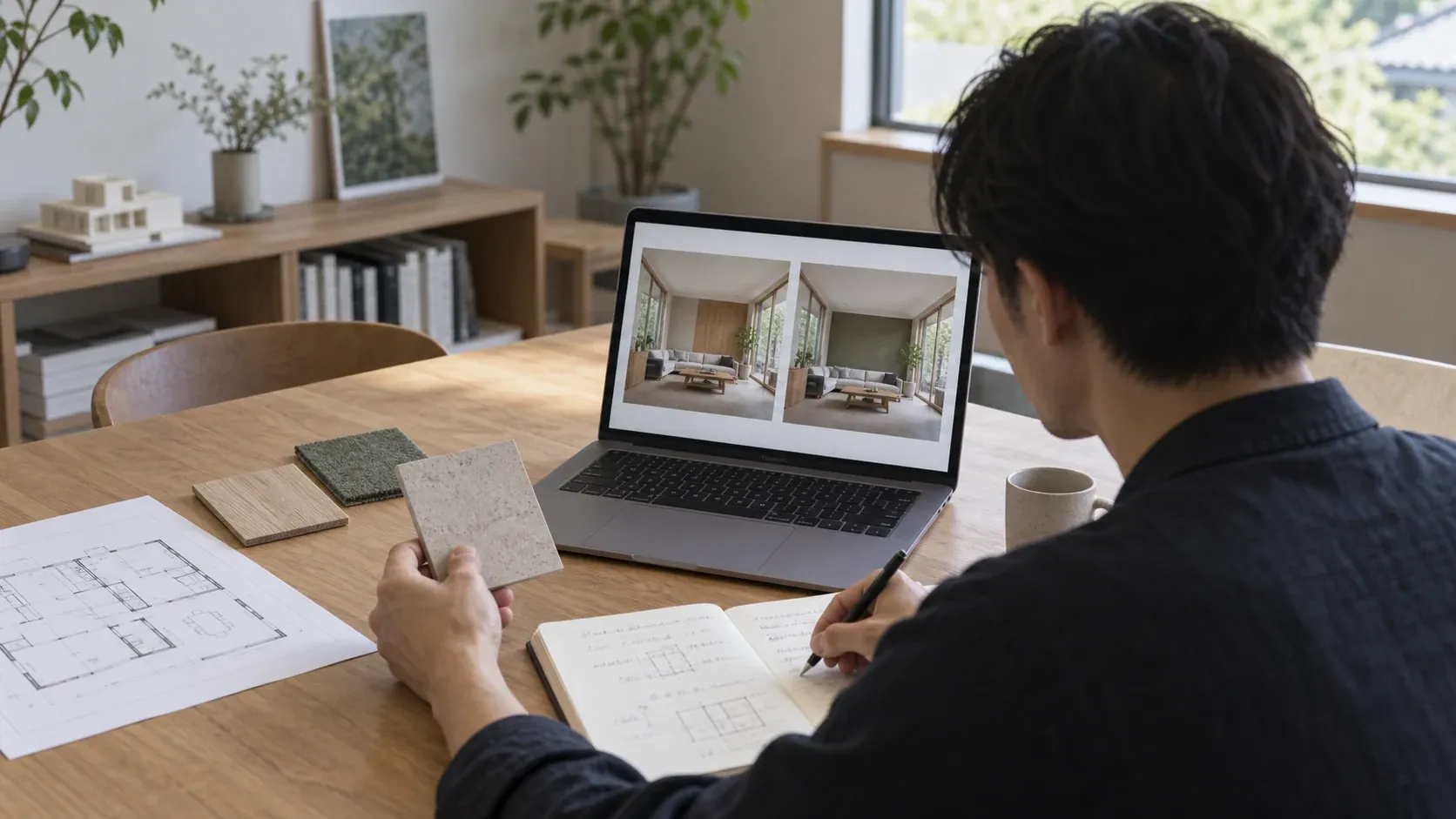 小さな工程から建築AIを試し、同じ画角の内装案と素材を確認する設計者