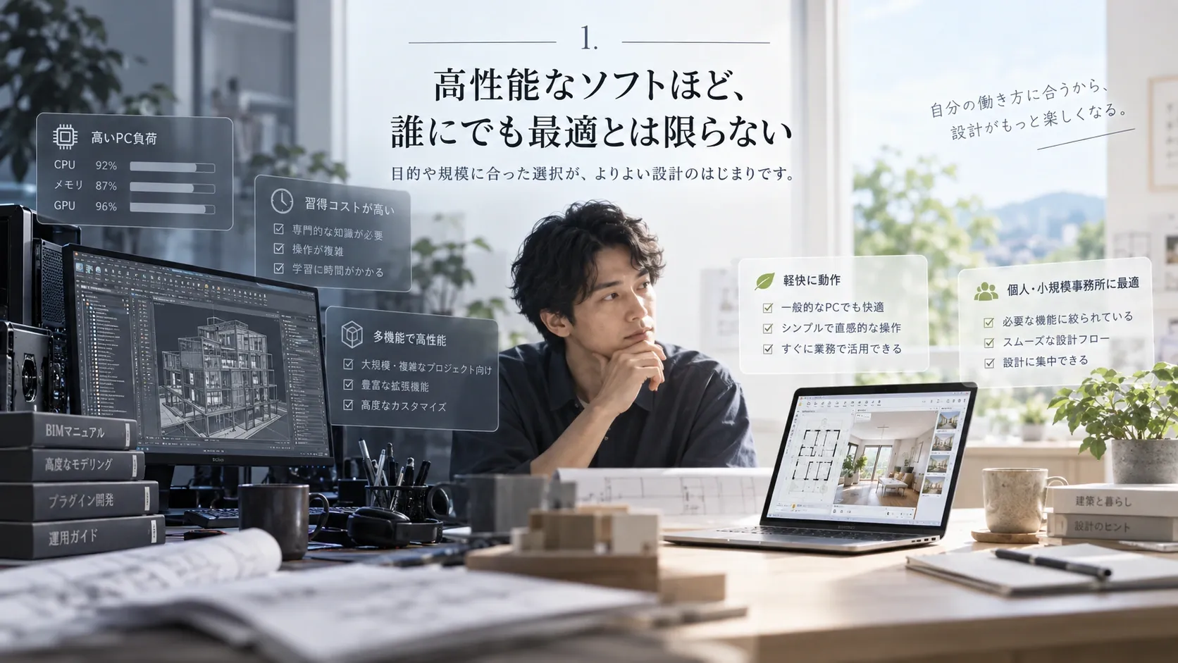 高負荷なBIM環境と軽快な設計ワークフローを比較し、業務規模に合うソフト選びを示す図