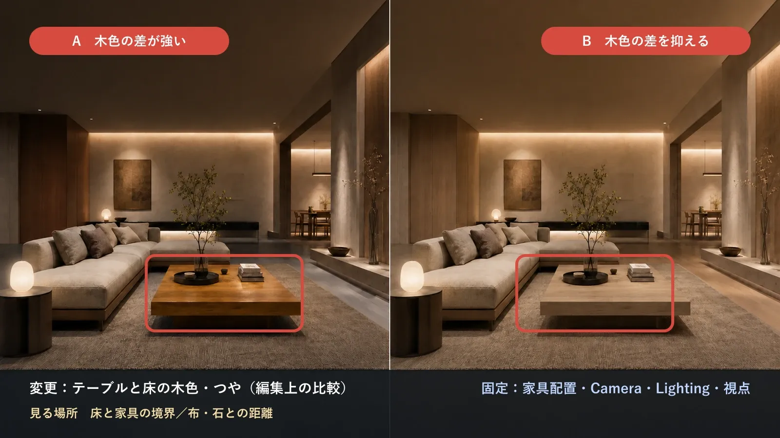 同じ室内でテーブルと床の木色差を強くした案と抑えた案を比較したインテリア配色イメージ