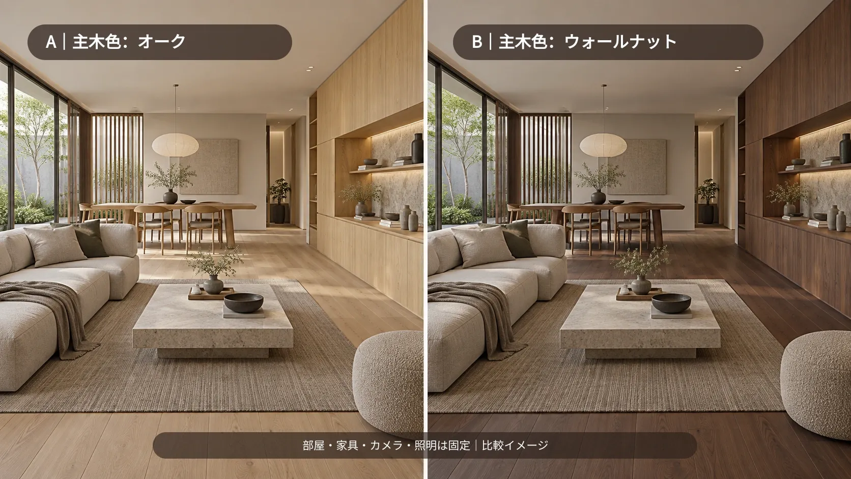 同じ室内・同じ家具配置・同じカメラと照明で、主木色をオークとウォールナットに差し替えた木のインテリア比較シミュレーション。床と収納の面積が変わると、家具の木色や空間の主従がどう読まれるかを左右で確認できる編集イメージです。